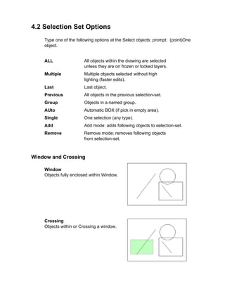 4.2 Selection Set Options
Type one of the following options at the Select objects: prompt: (point)One
object.

ALL

All objects within the drawing are selected
unless they are on frozen or locked layers.

Multiple

Multiple objects selected without high
lighting (faster edits).

Last

Last object.

Previous

All objects in the previous selection-set.

Group

Objects in a named group.

AUto

Automatic BOX (if pick in empty area).

SIngle

One selection (any type).

Add

Add mode: adds following objects to selection-set.

Remove

Remove mode: removes following objects
from selection-set.

Window and Crossing
Window
Objects fully enclosed within Window.

Crossing
Objects within or Crossing a window.

 