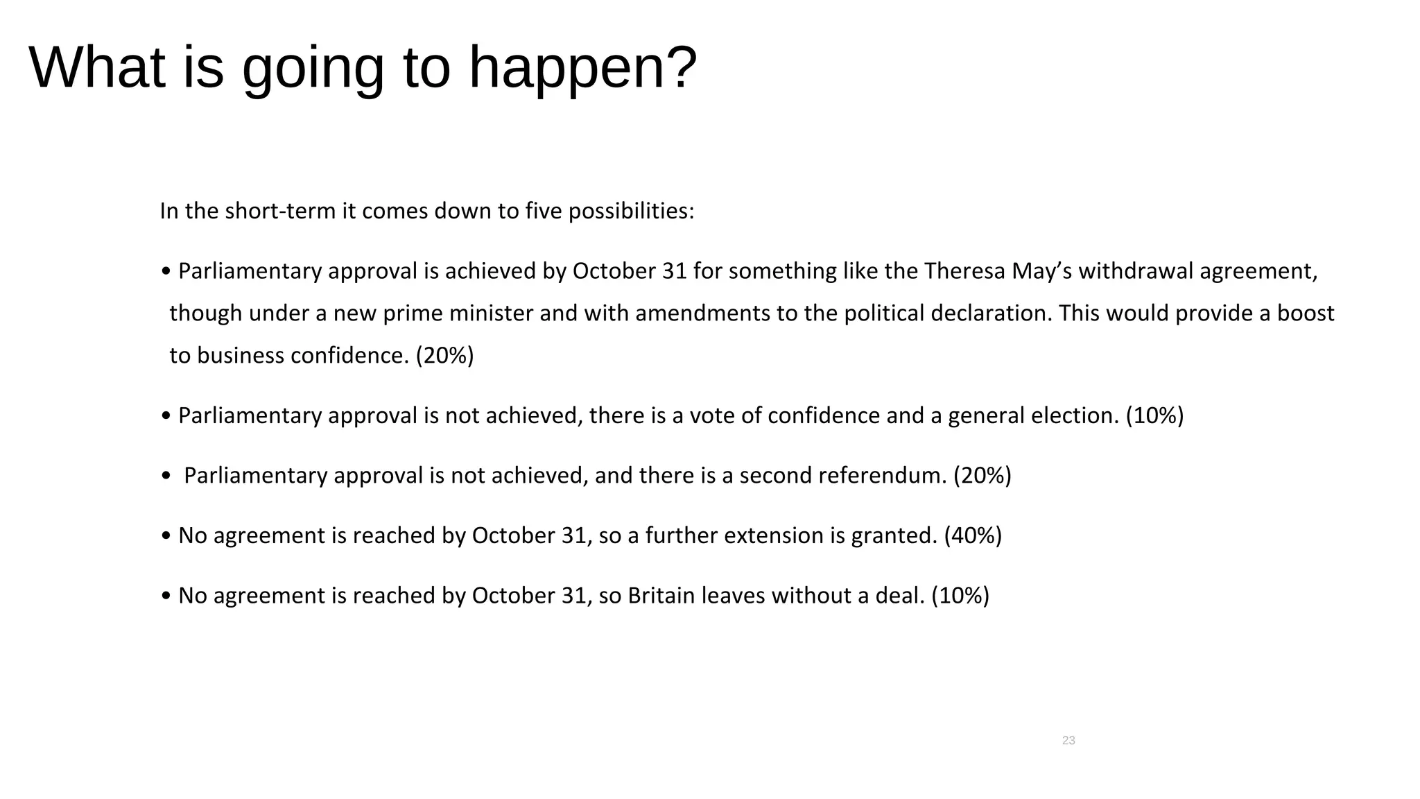 What is going to happen?
In the short-term it comes down to five possibilities:
• Parliamentary approval is achieved by October 31 for something like the Theresa May’s withdrawal agreement,
though under a new prime minister and with amendments to the political declaration. This would provide a boost
to business confidence. (20%)
• Parliamentary approval is not achieved, there is a vote of confidence and a general election. (10%)
• Parliamentary approval is not achieved, and there is a second referendum. (20%)
• No agreement is reached by October 31, so a further extension is granted. (40%)
• No agreement is reached by October 31, so Britain leaves without a deal. (10%)
23
 