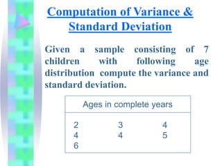 Computation of Variance &
Standard Deviation
Given a sample consisting of 7
children with following age
distribution compute the variance and
standard deviation.
Ages in complete years
2 3 4
4 4 5
6
 