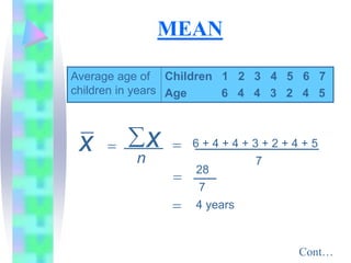 x  x
n
 6 + 4 + 4 + 3 + 2 + 4 + 5
7

28
7
 4 years
Average age of
children in years
Children 1 2 3 4 5 6 7
Age 6 4 4 3 2 4 5
MEAN
Cont…
 