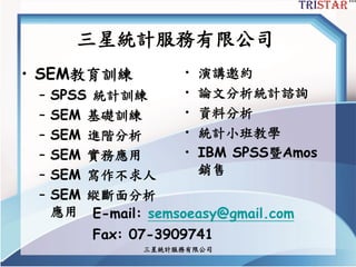 三星統計服務有限公司
三星統計服務有限公司
• SEM教育訓練
– SPSS 統計訓練
– SEM 基礎訓練
– SEM 進階分析
– SEM 實務應用
– SEM 寫作不求人
– SEM 縱斷面分析
應用
• 演講邀約
• 論文分析統計諮詢
• 資料分析
• 統計小班教學
• IBM SPSS暨Amos
銷售
E-mail: semsoeasy@gmail.com
Fax: 07-3909741
 