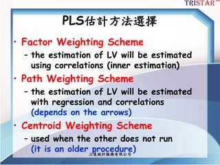 PLS估計方法選擇
• Factor Weighting Scheme
– the estimation of LV will be estimated
using correlations (inner estimation)
• Path Weighting Scheme
– the estimation of LV will be estimated
with regression and correlations
(depends on the arrows)
• Centroid Weighting Scheme
– used when the other does not run
(it is an older procedure)三星統計服務有限公司
 