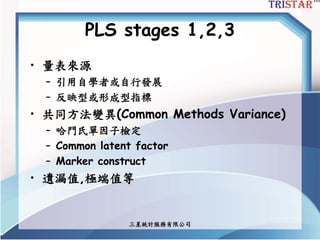 PLS stages 1,2,3
• 量表來源
– 引用自學者或自行發展
– 反映型或形成型指標
• 共同方法變異(Common Methods Variance)
– 哈門氏單因子檢定
– Common latent factor
– Marker construct
• 遺漏值,極端值等
三星統計服務有限公司
 