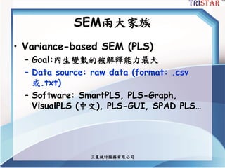 三星統計服務有限公司
SEM兩大家族
• Variance-based SEM (PLS)
– Goal:內生變數的被解釋能力最大
– Data source: raw data (format: .csv
或.txt)
– Software: SmartPLS, PLS-Graph,
VisualPLS (中文), PLS-GUI, SPAD PLS…
 