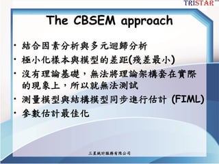 三星統計服務有限公司
The CBSEM approach
• 結合因素分析與多元迴歸分析
• 極小化樣本與模型的差距(殘差最小)
• 沒有理論基礎，無法將理論架構套在實際
的現象上，所以就無法測試
• 測量模型與結構模型同步進行估計 (FIML)
• 參數估計最佳化
 