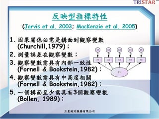 三星統計服務有限公司
反映型指標特性
(Jarvis et al. 2003; MacKenzie et al. 2005)
1. 因果關係必需是構面到觀察變數
(Churchill,1979)；
2. 測量誤差在觀察變數；
3. 觀察變數需具有內部一致性
(Fornell & Bookstein,1982)；
4. 觀察變數需具有中高度相關
(Fornell & Bookstein,1982)；
5. 一個構面至少需具有3個觀察變數
(Bollen, 1989)；
 