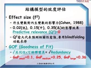 三星統計服務有限公司
結構模型的效度評估
• Effect size (f2)
– 外生變數對內生變數的影響力(Cohen, 1988)
– 0.02(低), 0.15(中), 0.35(高)的影響效果
Predictive relevance (Q2)>0
– Q2愈大代表預測相關性愈強,要用blindfolding
功能求得
• GOF (Goodness of Fit)
– √共同性×可解釋變異= √Redundancy
– GoFsmall=0.1, GoFmedium=0.25, GoFlarge=0.36
 