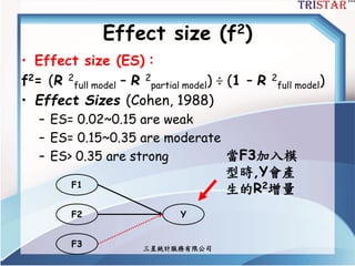 三星統計服務有限公司
Effect size (f2)
• Effect size (ES)：
f2= (R 2
full model – R 2
partial model) ÷ (1 – R 2
full model)
• Effect Sizes (Cohen, 1988)
– ES= 0.02~0.15 are weak
– ES= 0.15~0.35 are moderate
– ES> 0.35 are strong
F1
F2
F3
Y
當F3加入模
型時,Y會產
生的R2增量
 
