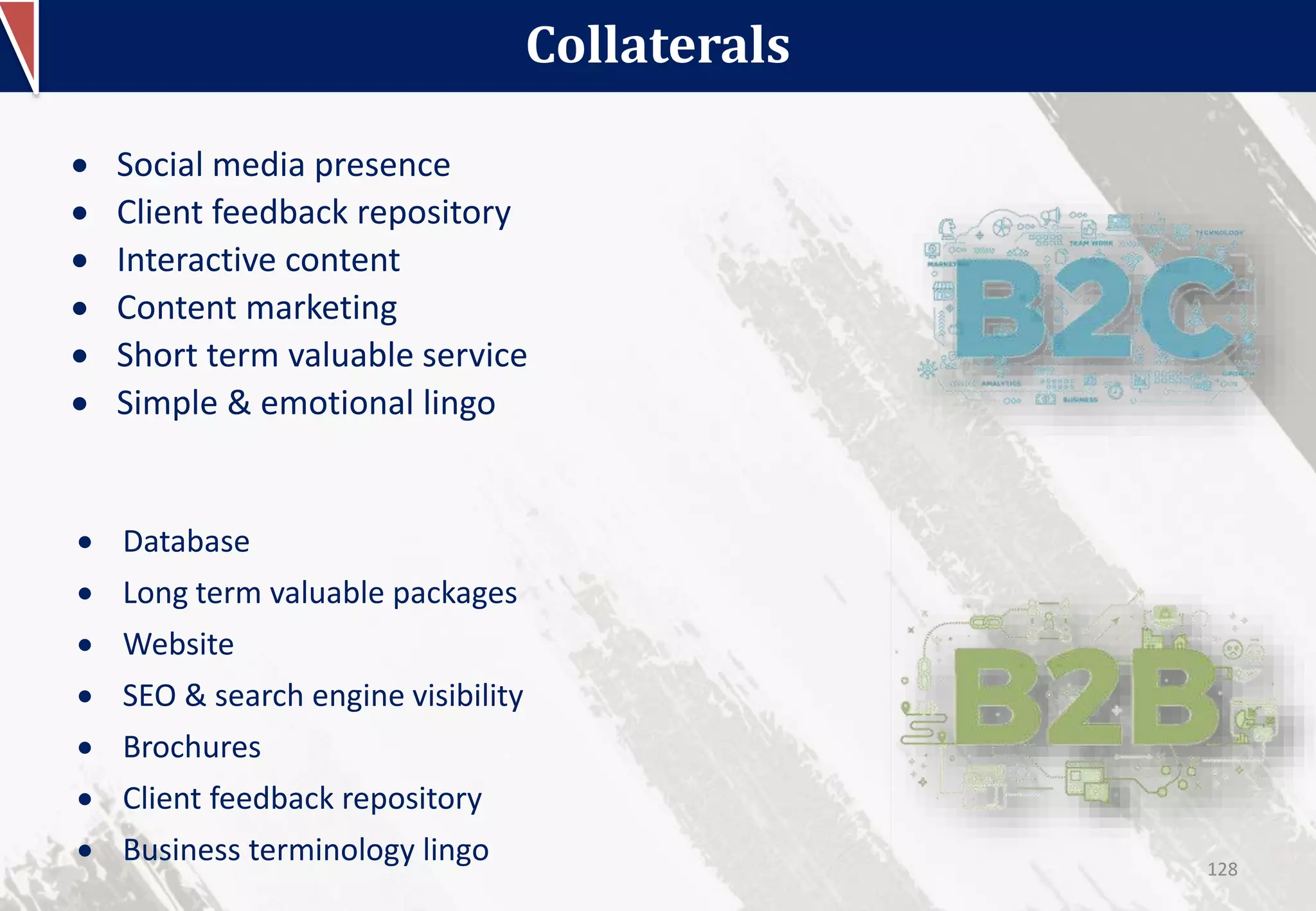  Social media presence
 Client feedback repository
 Interactive content
 Content marketing
 Short term valuable service
 Simple & emotional lingo
Collaterals
 Database
 Long term valuable packages
 Website
 SEO & search engine visibility
 Brochures
 Client feedback repository
 Business terminology lingo 128
 