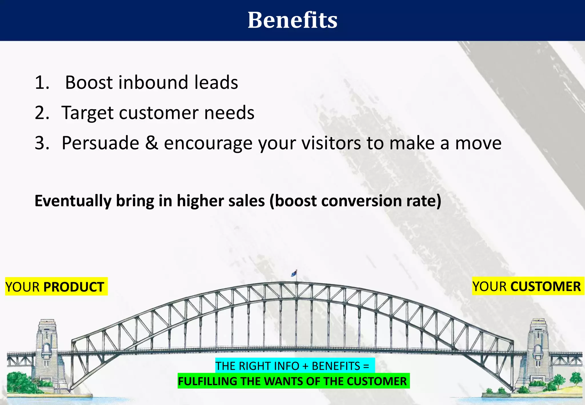 Benefits
21
YOUR PRODUCT YOUR CUSTOMER
THE RIGHT INFO + BENEFITS =
FULFILLING THE WANTS OF THE CUSTOMER
1. Boost inbound leads
2. Target customer needs
3. Persuade & encourage your visitors to make a move
Eventually bring in higher sales (boost conversion rate)
 