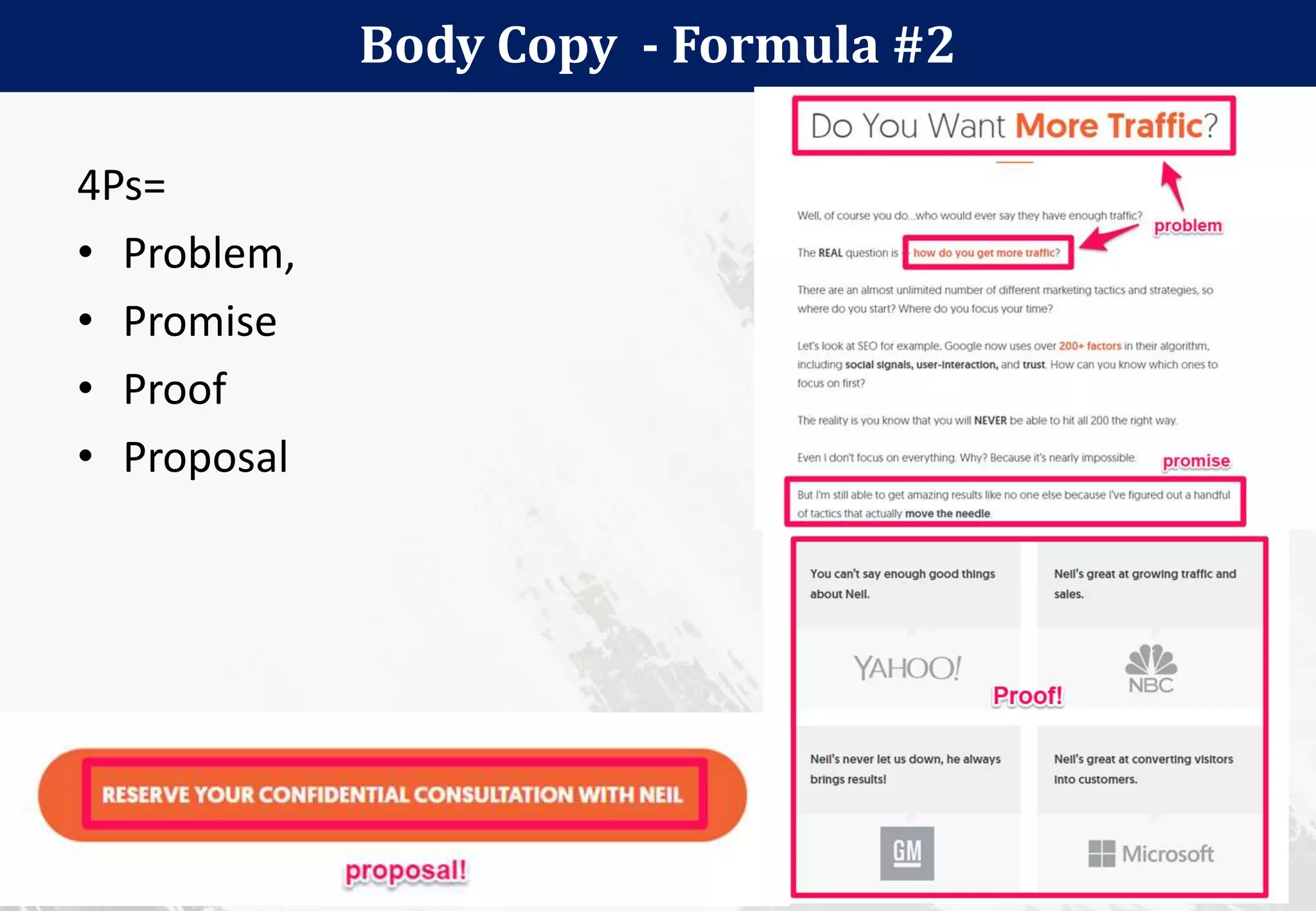 Body Copy - Formula #2
29
4Ps=
• Problem,
• Promise
• Proof
• Proposal
 