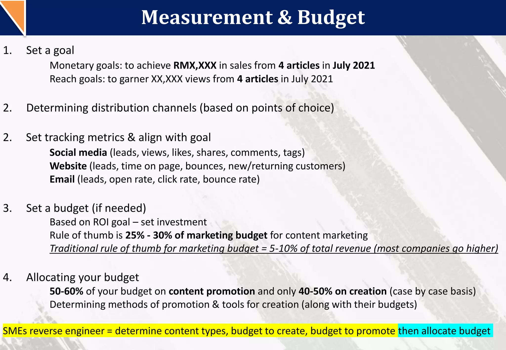 Measurement & Budget
56
1. Set a goal
Monetary goals: to achieve RMX,XXX in sales from 4 articles in July 2021
Reach goals: to garner XX,XXX views from 4 articles in July 2021
2. Determining distribution channels (based on points of choice)
2. Set tracking metrics & align with goal
Social media (leads, views, likes, shares, comments, tags)
Website (leads, time on page, bounces, new/returning customers)
Email (leads, open rate, click rate, bounce rate)
3. Set a budget (if needed)
Based on ROI goal – set investment
Rule of thumb is 25% - 30% of marketing budget for content marketing
Traditional rule of thumb for marketing budget = 5-10% of total revenue (most companies go higher)
4. Allocating your budget
50-60% of your budget on content promotion and only 40-50% on creation (case by case basis)
Determining methods of promotion & tools for creation (along with their budgets)
SMEs reverse engineer = determine content types, budget to create, budget to promote then allocate budget
 