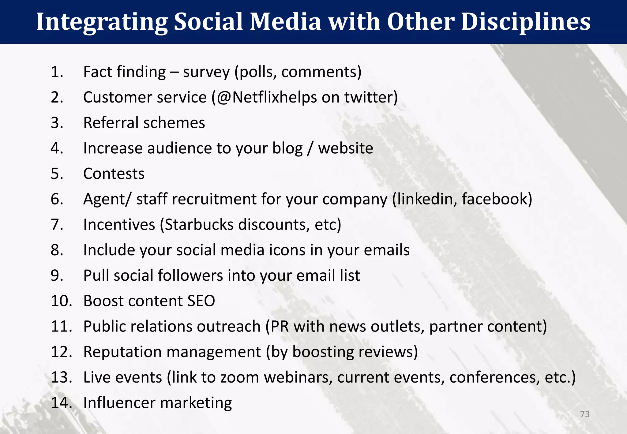 Integrating Social Media with Other Disciplines
73
1. Fact finding – survey (polls, comments)
2. Customer service (@Netflixhelps on twitter)
3. Referral schemes
4. Increase audience to your blog / website
5. Contests
6. Agent/ staff recruitment for your company (linkedin, facebook)
7. Incentives (Starbucks discounts, etc)
8. Include your social media icons in your emails
9. Pull social followers into your email list
10. Boost content SEO
11. Public relations outreach (PR with news outlets, partner content)
12. Reputation management (by boosting reviews)
13. Live events (link to zoom webinars, current events, conferences, etc.)
14. Influencer marketing
 