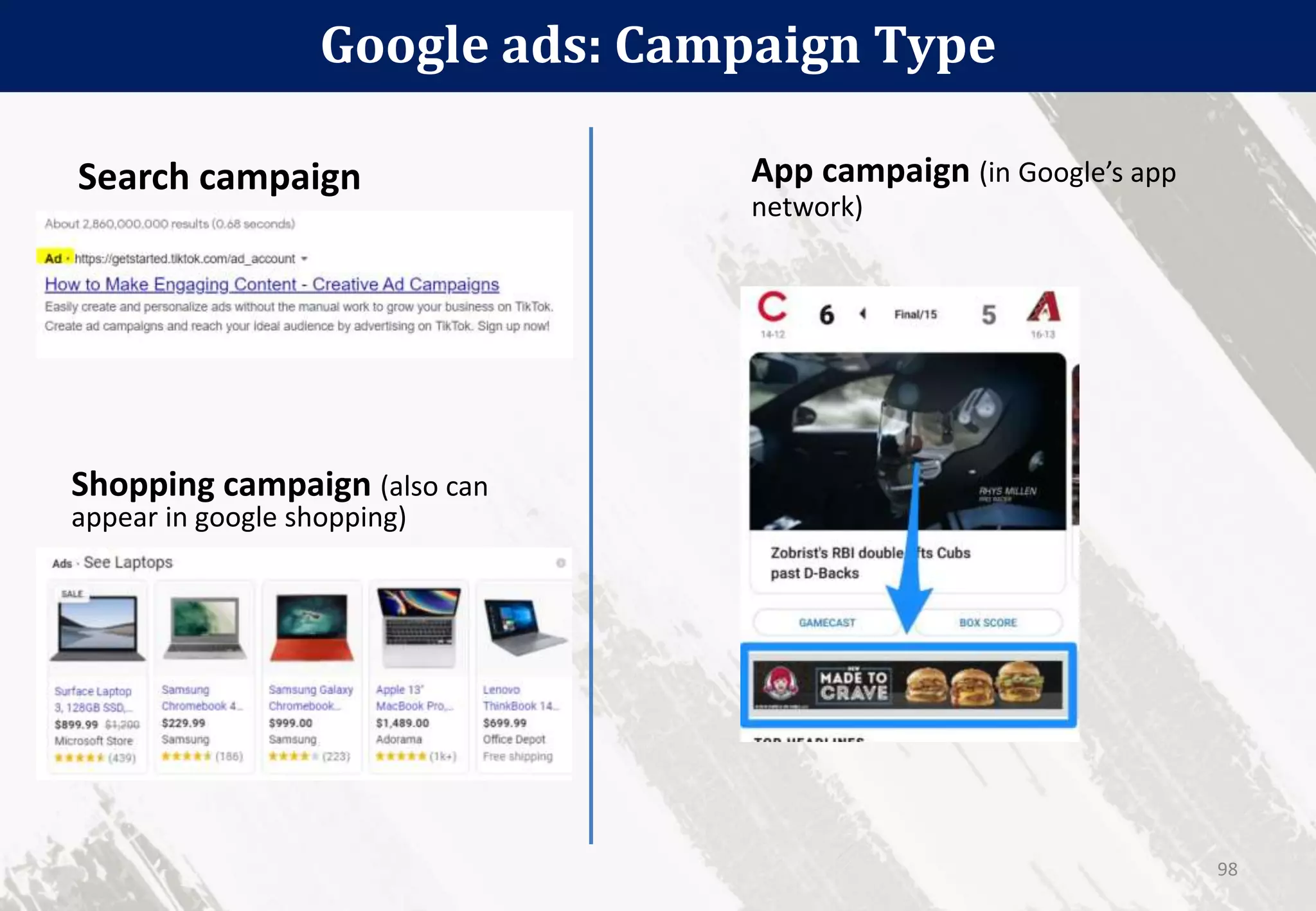 Google ads: Campaign Type
98
Search campaign
Shopping campaign (also can
appear in google shopping)
App campaign (in Google’s app
network)
 
