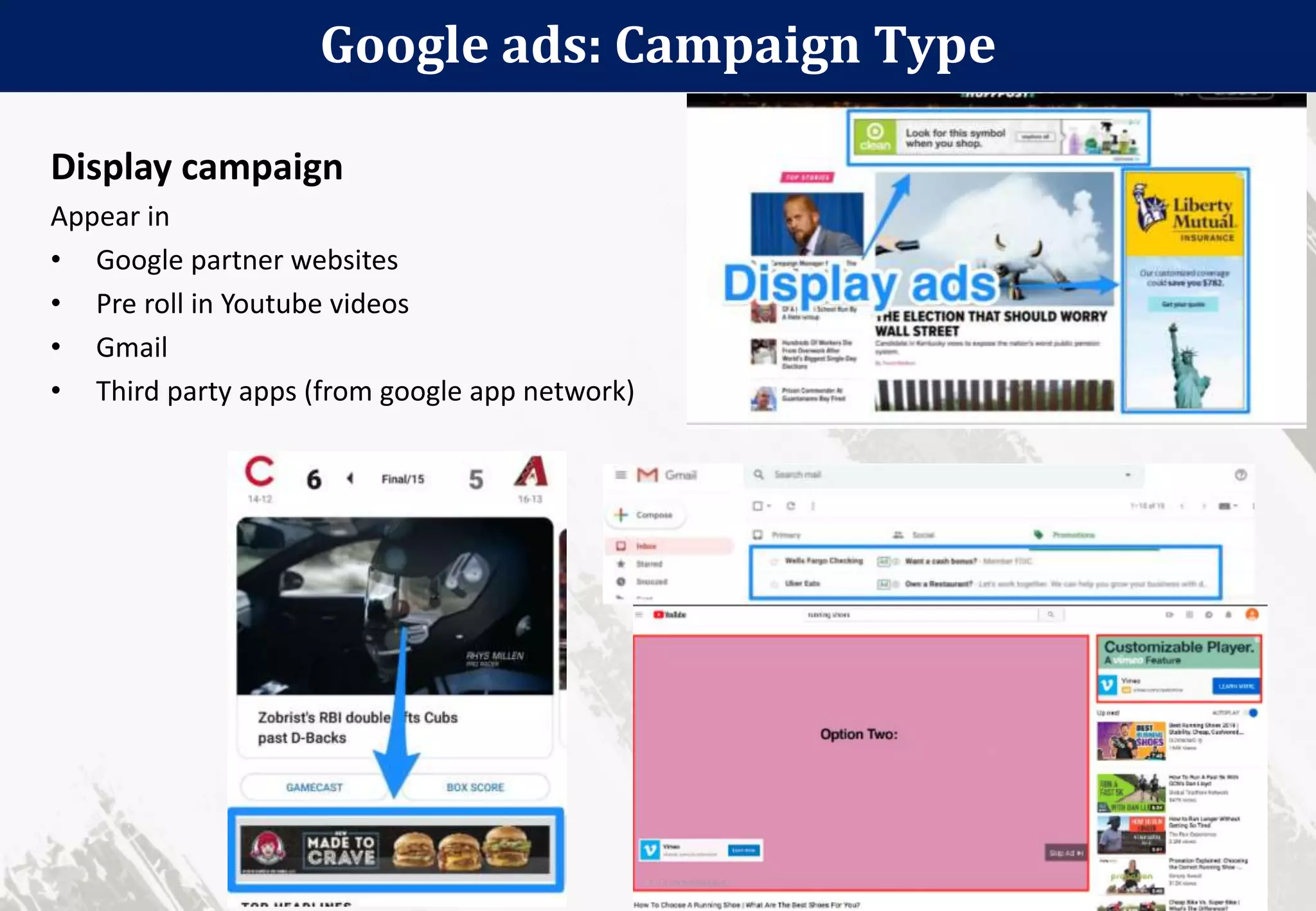 Google ads: Campaign Type
99
Display campaign
Appear in
• Google partner websites
• Pre roll in Youtube videos
• Gmail
• Third party apps (from google app network)
 