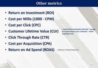 • Return on Investment (ROI)
• Cost per Mille (1000 - CPM)
• Cost per Click (CPC)
• Customer Lifetime Value (CLV)
• Click Through Rate (CTR)
• Cost per Acquisition (CPA)
• Return on Ad Spend (ROAS)
Other metrics
114
= (total Profit contribution (Annual) * average
no of years they’re your customer) – initial
acquisition cost
 