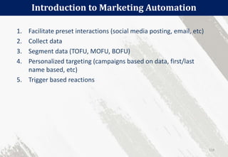 Introduction to Marketing Automation
119
1. Facilitate preset interactions (social media posting, email, etc)
2. Collect data
3. Segment data (TOFU, MOFU, BOFU)
4. Personalized targeting (campaigns based on data, first/last
name based, etc)
5. Trigger based reactions
 