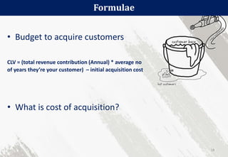 • Budget to acquire customers
CLV = (total revenue contribution (Annual) * average no
of years they’re your customer) – initial acquisition cost
Formulae
18
• What is cost of acquisition?
 