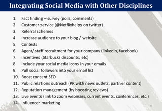 Integrating Social Media with Other Disciplines
73
1. Fact finding – survey (polls, comments)
2. Customer service (@Netflixhelps on twitter)
3. Referral schemes
4. Increase audience to your blog / website
5. Contests
6. Agent/ staff recruitment for your company (linkedin, facebook)
7. Incentives (Starbucks discounts, etc)
8. Include your social media icons in your emails
9. Pull social followers into your email list
10. Boost content SEO
11. Public relations outreach (PR with news outlets, partner content)
12. Reputation management (by boosting reviews)
13. Live events (link to zoom webinars, current events, conferences, etc.)
14. Influencer marketing
 