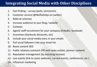 Integrating Social Media with Other Disciplines
73
1. Fact finding – survey (polls, comments)
2. Customer service (@Netfli...