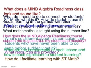 What does a MIND Algebra Readiness class look and sound like? What do I need to do to connect my students’ visual learning in the games with their  abstract symbolic learning of mathematics? ST Math: what is it? How do students use it? What is the Algebra Readiness course?  What mathematics is taught using the number line? How does the MIND Algebra Readiness course  support me to guide ALL my students to mastery? What’s so different about this curriculum that  students who have never been able to do math before suddenly get it?! What are the components of each lesson and how is each significant to student learning? What resources are provided? How do I facilitate learning with ST Math? 