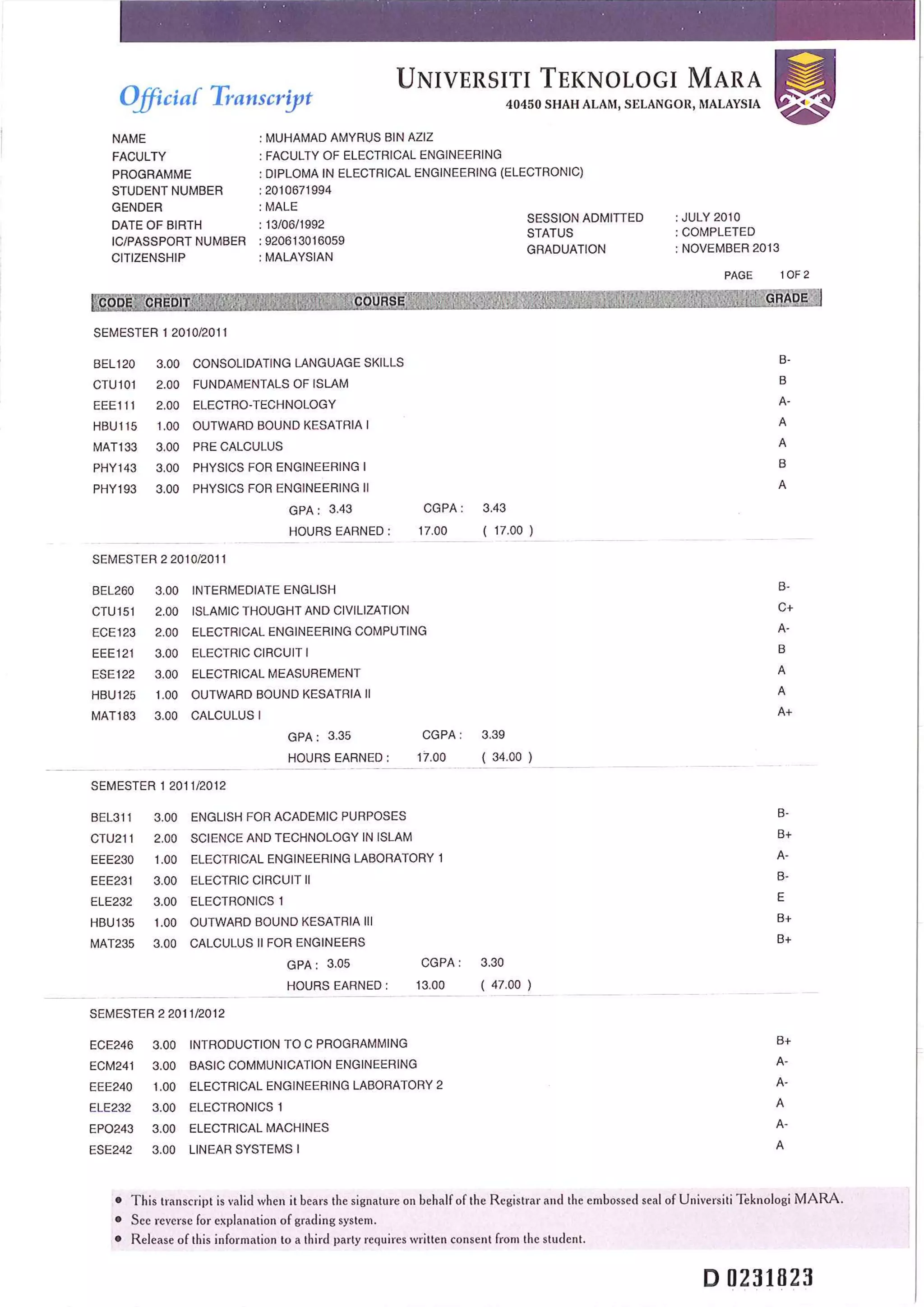Diploma Transcript | PDF