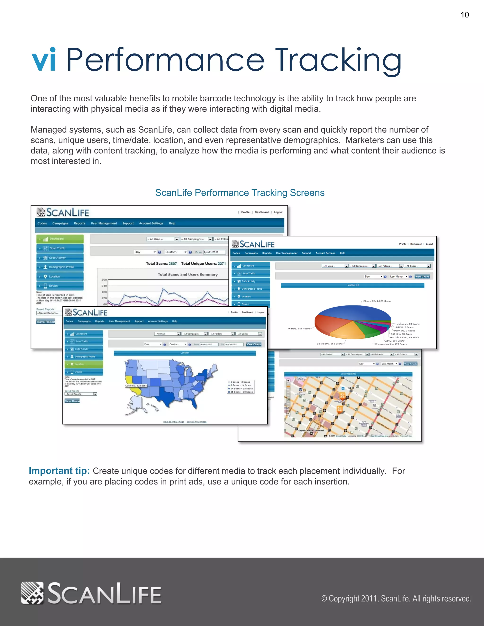 10




vi Performance Tracking
One of the most valuable benefits to mobile barcode technology is the ability to track how people are
interacting with physical media as if they were interacting with digital media.

Managed systems, such as ScanLife, can collect data from every scan and quickly report the number of
scans, unique users, time/date, location, and even representative demographics. Marketers can use this
data, along with content tracking, to analyze how the media is performing and what content their audience is
most interested in.


                                 ScanLife Performance Tracking Screens




Important tip: Create unique codes for different media to track each placement individually. For
example, if you are placing codes in print ads, use a unique code for each insertion.




                                                                             © Copyright 2011, ScanLife. All rights reserved.
 