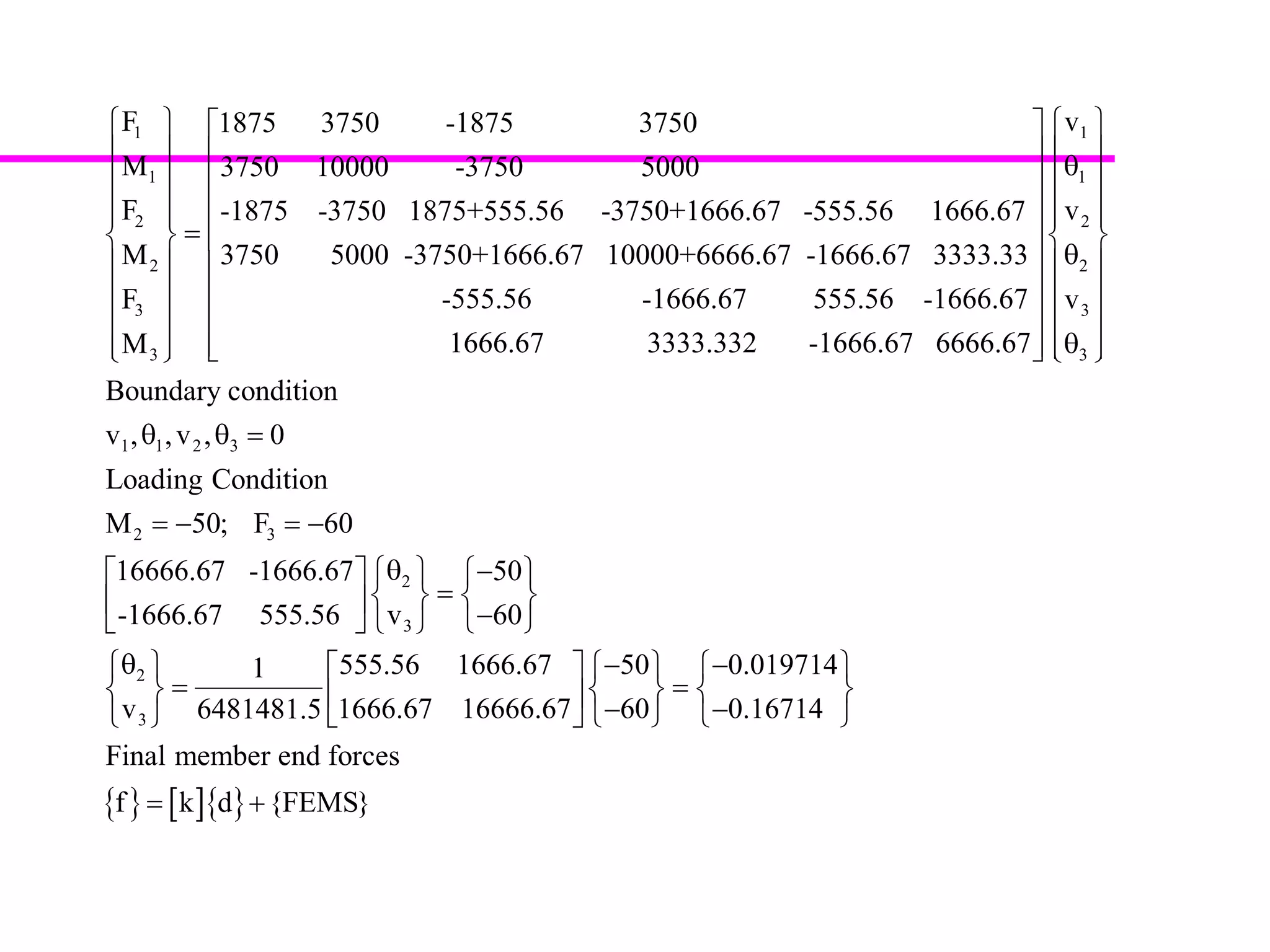7/15/2016 26
1
1
2
2
3
3
F 1875 3750 -1875 3750
M 3750 10000 -3750 5000
F -1875 -3750 1875+555.56 -3750+1666.67 -555.56 1666.67
M
F
M
 
 
 
  
= 
 
 
 
  
3750 5000 -3750+1666.67 10000+6666.67 -1666.67 3333.33
-555.56 -1666.67 555.56 -1666.67
1666.67
1
1
2
2
3
3
1 1 2 3
2 3
v
v
v
3333.332 -1666.67 6666.67
Boundary condition
v , ,v , 0
Loading Condition
M 50; F 60
16666.67 -1666.67
-1666.67 555.56
  
   θ
  
    
  
θ  
  
  
θ      
θ θ =
=− =−
 
 
 
{ } [ ]{ }
2
3
2
3
50
v 60
555.56 1666.67 50 0.0197141
v 1666.67 16666.67 60 0.167146481481.5
Final member end forces
f k d {FEMS}
θ −   
=   
−  
θ − −      
=       − −     
= +
 