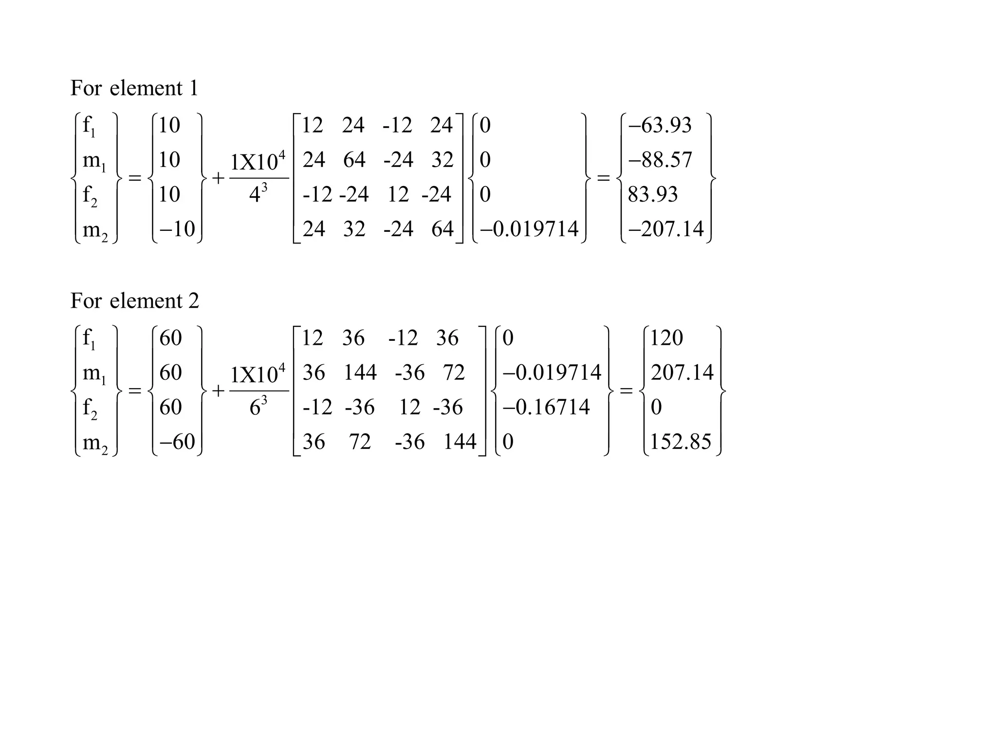 1
4
1
3
2
2
For element 1
f 10 12 24 -12 24 0 63.93
m 10 24 64 -24 32 0 88.571X10
f 10 -12 -24 12 -24 0 83.934
10 24 32 -24 64 0.019714 207.1m
−      
       −      =+ =     
      
      − − −     
1
4
1
3
2
2
4
For element 2
f 60 12 36 -12 36 0
m 60 36 144 -36 72 0.0197141X10
f 60 -12 -36 12 -36 0.167146
60 36 72 -36 144 0m
 
 
 
 
 
  
      
      −     = +     
−     
     −    
120
207.14
0
152.85
 
  
  
=  
  
    
 