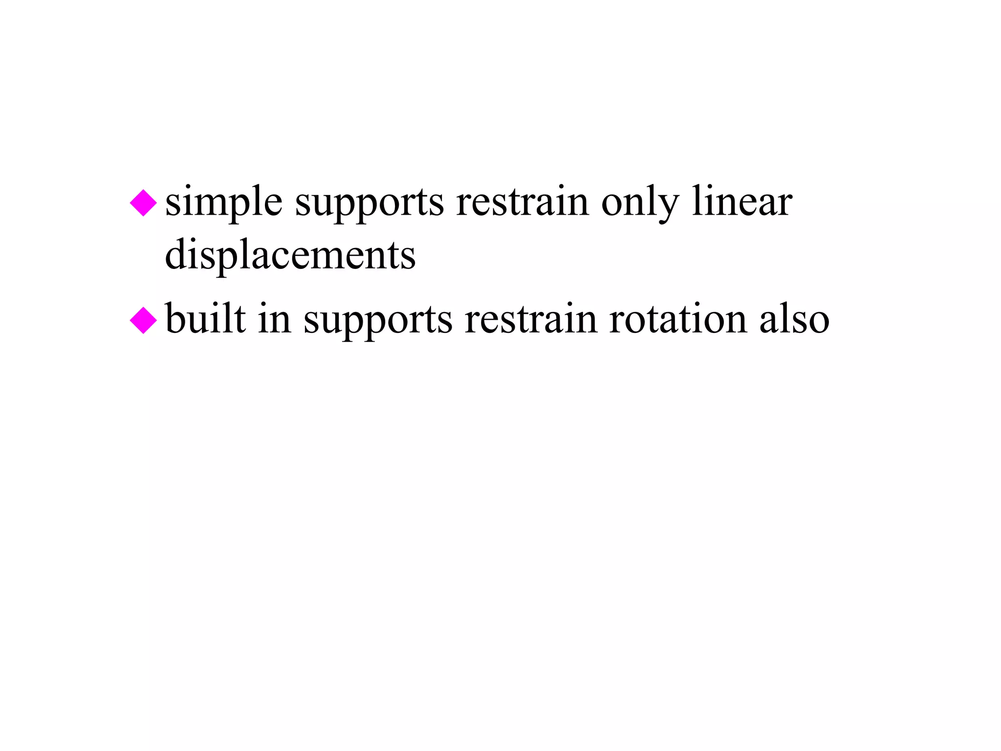 simple supports restrain only linear
displacements
built in supports restrain rotation also
 