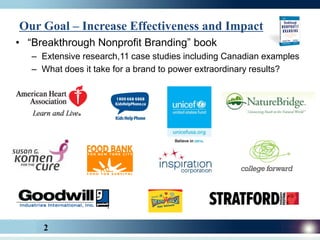 Our Goal – Increase Effectiveness and Impact
• “Breakthrough Nonprofit Branding” book
   – Extensive research,11 case studies including Canadian examples
   – What does it take for a brand to power extraordinary results?




     2
 