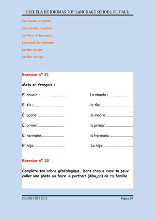 ESCUELA DE IDIOMAS TOP LANGUAGE SCHOOL ST. PAUL
CAHIER D´ÉTE 2013 Página 19
Le cousin: el primo
La cousine: la prima
Le frère: el hermano
La soeur: la hermana
Le fils: el hijo
La fille: la hija
Exercice nº 21
Mets en français :
El abuelo :............................ La abuela :...........................
El tío :.................................. la tía:…………………………………
El padre:…………………………… la madre:…………………………..
El primo:…………………………… la prima:…………………………….
El hermano:……………………… la hermana:……………………….
El hijo:………………………………. La hija:………………………………
Exercice nº 22
Complète ton arbre généalogique. Dans chaque case tu peux
coller une photo ou faire le portrait (dibujar) de ta famille
 
