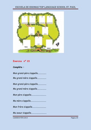 ESCUELA DE IDIOMAS TOP LANGUAGE SCHOOL ST. PAUL
CAHIER D´ÉTE 2013 Página 20
Exercice nº 23
Complète :
Mon grand-père s’appelle................
Ma grand-mère s’appelle.................
Mon grand-père s’appelle................
Ma grand-mère s’appelle.................
Mon père s’appelle............................
Ma mère s’appelle.............................
Mon frère s’appelle..........................
Ma soeur s’appelle.............................
 