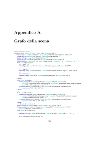 Appendice A
Grafo della scena
<?xml version="1.0" ?>
<Node dt="0.02" gravity="0 0 0" name="root" animate="true">
<VisualStyle name="visualStyle1" displayFlags="showVisual hideBehaviorModels"/>
<ViewerSetting resolution="800 600" cameraMode="Perspective"/>
<RequiredPlugin pluginName="Plugin_Kinect" />
<EulerImplicit name="cg odesolver" printLog="false" vdamping="5" />
<CGLinearSolver iterations="10" name="linear solver" threshold="1e-7" tolerance="1e-7" />
<Node name="InputMesh">
<!-- Bones -->
<MeshObjLoader name="spine" filename="data/mesh/spine.obj" scale="0.025"/>
...
<!-- Organs -->
<MeshObjLoader name="intestine" filename="data/mesh/intestine.obj" scale="0.025"/>
...
<!-- Tissues -->
<MeshObjLoader name="skin" filename="data/mesh/skin.obj" scale="0.025"/>
...
</Node>
<Node name="SpineBase" >
<GenerateRigidMass name="rigidEngine" template="Rigid" density="1"
position="@InputMesh/spine_base.position" triangles="@InputMesh/spine_base.triangles"
quads="@InputMesh/spine_base.quads" />
<TransformEngine name="pivot" input_position="@rigidEngine.centerToOrigin"
translation="0.0 0.0 0.018" />
</Node>
...
<Node name="Muscles" >
<GenerateRigidMass name="rigidEngine" template="Rigid" density="1"
position="@InputMesh/muscles.position" triangles="@InputMesh/muscles.triangles"
quads="@InputMesh/muscles.quads" />
<TransformEngine name="pivot" input_position="@rigidEngine.centerToOrigin"
translation="-0.005 -0.035 0.03" />
</Node>
<!-- Kinect interaction-->
<KinectExtractor name="kinect" captureZone="1.5 2.2 -0.5 0.5"/>
<MechanicalObject template="Rigid" name="trackedDOFs" showObjectScale="0.001"
position="@kinect.bodyJoints" />
<Node name="articulation">
<MechanicalObject name="Articulations" template="Vec1d" position="0 ... 0 " />
<!-- Constraints articulations -->
93
 