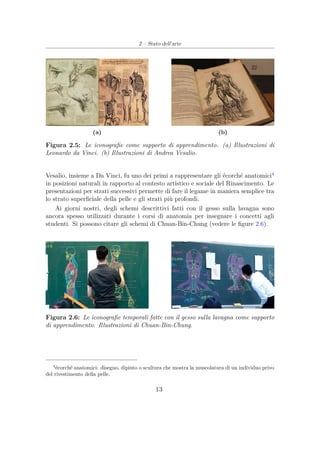 2 – Stato dell’arte
(a) (b)
Figura 2.5: Le iconograﬁe come supporto di apprendimento. (a) Illustrazioni di
Leonardo da Vinci. (b) Illustrazioni di Andrea Vesalio.
Vesalio, insieme a Da Vinci, fu uno dei primi a rappresentare gli écorché anatomici4
in posizioni naturali in rapporto al contesto artistico e sociale del Rinascimento. Le
presentazioni per strati successivi permette di fare il legame in maniera semplice tra
lo strato superﬁciale della pelle e gli strati più profondi.
Ai giorni nostri, degli schemi descrittivi fatti con il gesso sulla lavagna sono
ancora spesso utilizzati durante i corsi di anatomia per insegnare i concetti agli
studenti. Si possono citare gli schemi di Chuan-Bin-Chung (vedere le ﬁgure 2.6).
Figura 2.6: Le iconograﬁe temporali fatte con il gesso sulla lavagna come supporto
di apprendimento. Illustrazioni di Chuan-Bin-Chung.
4
écorché anatomici: disegno, dipinto o scultura che mostra la muscolatura di un individuo privo
del rivestimento della pelle.
13
 