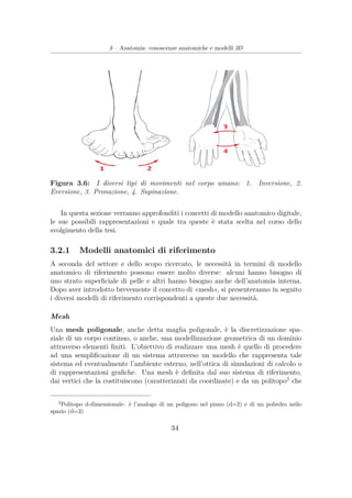 3 – Anatomia: conoscenze anatomiche e modelli 3D
Figura 3.6: I diversi tipi di movimenti nel corpo umano: 1. Inversione, 2.
Eversione, 3. Pronazione, 4. Supinazione.
In questa sezione verranno approfonditi i concetti di modello anatomico digitale,
le sue possibili rappresentazioni e quale tra queste è stata scelta nel corso dello
svolgimento della tesi.
3.2.1 Modelli anatomici di riferimento
A seconda del settore e dello scopo ricercato, le necessità in termini di modello
anatomico di riferimento possono essere molto diverse: alcuni hanno bisogno di
uno strato superﬁciale di pelle e altri hanno bisogno anche dell’anatomia interna.
Dopo aver introdotto brevemente il concetto di «mesh», si presenteranno in seguito
i diversi modelli di riferimento corrispondenti a queste due necessità.
Mesh
Una mesh poligonale, anche detta maglia poligonale, è la discretizzazione spa-
ziale di un corpo continuo, o anche, una modellizzazione geometrica di un dominio
attraverso elementi ﬁniti. L’obiettivo di realizzare una mesh è quello di procedere
ad una sempliﬁcazione di un sistema attraverso un modello che rappresenta tale
sistema ed eventualmente l’ambiente esterno, nell’ottica di simulazioni di calcolo o
di rappresentazioni graﬁche. Una mesh è deﬁnita dal suo sistema di riferimento,
dai vertici che la costituiscono (caratterizzati da coordinate) e da un politopo2
che
2
Politopo d-dimensionale: è l’analogo di un poligono nel piano (d=2) e di un poliedro nello
spazio (d=3)
34
 