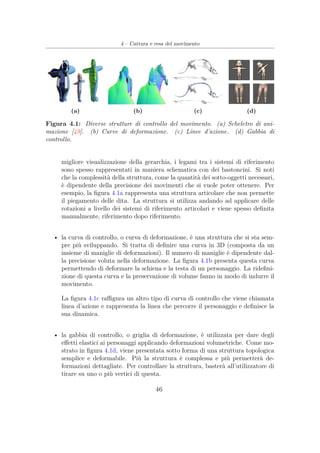 4 – Cattura e resa del movimento
(a) (b) (c) (d)
Figura 4.1: Diverse strutture di controllo del movimento. (a) Scheletro di ani-
mazione [49]. (b) Curve di deformazione. (c) Linee d’azione. (d) Gabbia di
controllo.
migliore visualizzazione della gerarchia, i legami tra i sistemi di riferimento
sono spesso rappresentati in maniera schematica con dei bastoncini. Si noti
che la complessità della struttura, come la quantità dei sotto-oggetti necessari,
è dipendente della precisione dei movimenti che si vuole poter ottenere. Per
esempio, la ﬁgura 4.1a rappresenta una struttura articolare che non permette
il piegamento delle dita. La struttura si utilizza andando ad applicare delle
rotazioni a livello dei sistemi di riferimento articolari e viene spesso deﬁnita
manualmente, riferimento dopo riferimento.
• la curva di controllo, o curva di deformazione, è una struttura che si sta sem-
pre più sviluppando. Si tratta di deﬁnire una curva in 3D (composta da un
insieme di maniglie di deformazioni). Il numero di maniglie è dipendente dal-
la precisione voluta nella deformazione. La ﬁgura 4.1b presenta questa curva
permettendo di deformare la schiena e la testa di un personaggio. La rideﬁni-
zione di questa curva e la preservazione di volume fanno in modo di indurre il
movimento.
La ﬁgura 4.1c raﬃgura un altro tipo di curva di controllo che viene chiamata
linea d’azione e rappresenta la linea che percorre il personaggio e deﬁnisce la
sua dinamica.
• la gabbia di controllo, o griglia di deformazione, è utilizzata per dare degli
eﬀetti elastici ai personaggi applicando deformazioni volumetriche. Come mo-
strato in ﬁgura 4.1d, viene presentata sotto forma di una struttura topologica
semplice e deformabile. Più la struttura è complessa e più permetterà de-
formazioni dettagliate. Per controllare la struttura, basterà all’utilizzatore di
tirare su uno o più vertici di questa.
46
 