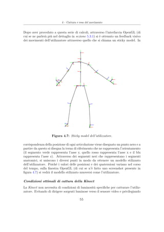 4 – Cattura e resa del movimento
Dopo aver proceduto a questa serie di calcoli, attraverso l’interfaccia OpenGL (di
cui se ne parlerà più nel dettaglio in sezione 5.3.1) si è ottenuto un feedback visivo
dei movimenti dell’utilizzatore attraverso quello che si chiama un sticky model. In
Figura 4.7: Sticky model dell’utilizzatore.
corrispondenza della posizione di ogni articolazione viene disegnato un punto nero e a
partire da questo si disegna la terna di riferimento che ne rappresenta l’orientamento
(il segmento verde rappresenta l’asse y, quello rosso rappresenta l’asse x e il blu
rappresenta l’asse z). Attraverso dei segmenti neri che rappresentano i segmenti
anatomici, si uniscono i diversi punti in modo da ottenere un modello stilizzato
dell’utilizzatore. Poiché i valori delle posizioni e dei quaternioni variano nel corso
del tempo, sulla ﬁnestra OpenGL (di cui se n’è fatto uno screenshot presente in
ﬁgura 4.7) si vedrà il modello stilizzato muoversi come l’utilizzatore.
Condizioni ottimali di cattura della Kinect
La Kinect non necessita di condizioni di luminosità speciﬁche per catturare l’utiliz-
zatore. Evitando di dirigere sorgenti luminose verso il sensore video e privilegiando
55
 