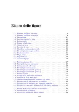 Elenco delle ﬁgure
2.1 Elementi anatomici nei musei. . . . . . . . . . . . . . . . . . . . . . . 8
2.2 Elementi anatomici nel cinema . . . . . . . . . . . . . . . . . . . . . . 9
2.3 La dissezione . . . . . . . . . . . . . . . . . . . . . . . . . . . . . . . 11
2.4 La conservazione dei corpi . . . . . . . . . . . . . . . . . . . . . . . . 12
2.5 Le iconograﬁe . . . . . . . . . . . . . . . . . . . . . . . . . . . . . . . 13
2.6 Disegni sulla lavagna . . . . . . . . . . . . . . . . . . . . . . . . . . . 13
2.7 Atlanti nel web . . . . . . . . . . . . . . . . . . . . . . . . . . . . . . 14
2.8 Le statue di cera . . . . . . . . . . . . . . . . . . . . . . . . . . . . . 16
2.9 Manichino anatomico industriale. . . . . . . . . . . . . . . . . . . . . 16
2.10 Diversi tipi di immagini mediche . . . . . . . . . . . . . . . . . . . . . 18
2.11 Realtà aumentata . . . . . . . . . . . . . . . . . . . . . . . . . . . . . 21
2.12 Magic Mirror . . . . . . . . . . . . . . . . . . . . . . . . . . . . . . . 22
2.13 Digital Mirror . . . . . . . . . . . . . . . . . . . . . . . . . . . . . . . 22
2.14 Anatomie Spiegel . . . . . . . . . . . . . . . . . . . . . . . . . . . . . 23
3.1 Riferimenti anatomici . . . . . . . . . . . . . . . . . . . . . . . . . . . 27
3.2 Principali direzioni anatomiche . . . . . . . . . . . . . . . . . . . . . 28
3.3 Sistema muscolo scheletrico . . . . . . . . . . . . . . . . . . . . . . . 29
3.4 Diversi tipi di articolazione . . . . . . . . . . . . . . . . . . . . . . . . 31
3.5 Diversi tipi di movimenti (parte 1) . . . . . . . . . . . . . . . . . . . 32
3.6 Diversi tipi di movimenti (parte 2) . . . . . . . . . . . . . . . . . . . 34
3.7 Esempi di mesh . . . . . . . . . . . . . . . . . . . . . . . . . . . . . . 35
3.8 Scanner della pelle di un utilizzatore . . . . . . . . . . . . . . . . . . 36
3.9 Database di mesh della pelle . . . . . . . . . . . . . . . . . . . . . . . 37
3.10 Modellizzazione di modelli anatomici alla mano . . . . . . . . . . . . 38
3.11 Diversi criteri di astrazione per lo scheletro . . . . . . . . . . . . . . . 40
3.12 Diversi criteri di astrazione per il sistema muscolare . . . . . . . . . . 41
3.13 Diversi strati anatomici del modello di riferimento utilizzato . . . . . 42
4.1 Diverse strutture di controllo del movimento . . . . . . . . . . . . . . 46
4.2 Diversi metodi di skinning . . . . . . . . . . . . . . . . . . . . . . . . 47
4.3 Cattura dei movimenti, sistemi pesanti . . . . . . . . . . . . . . . . . 49
viii
 