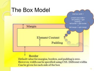 The Box Model
18
total box width =
content area width +
left padding + right
padding +
left border + right border
+
left m...