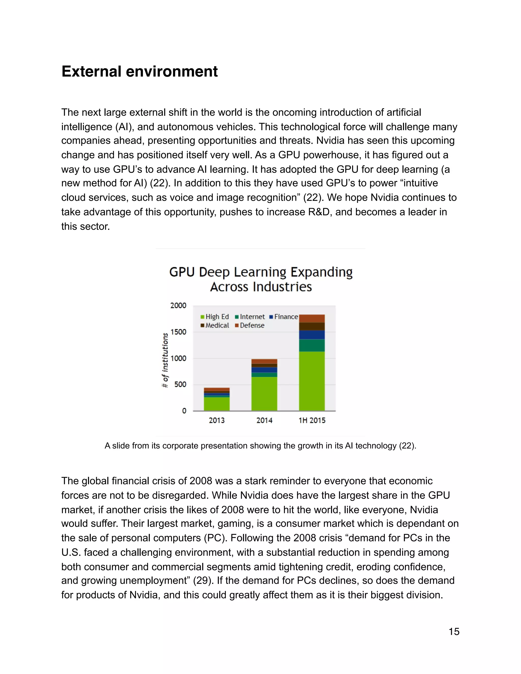 External environment 
The next large external shift in the world is the oncoming introduction of artificial
intelligence (AI), and autonomous vehicles. This technological force will challenge many
companies ahead, presenting opportunities and threats. Nvidia has seen this upcoming
change and has positioned itself very well. As a GPU powerhouse, it has figured out a
way to use GPU’s to advance AI learning. It has adopted the GPU for deep learning (a
new method for AI) (22). In addition to this they have used GPU’s to power “intuitive
cloud services, such as voice and image recognition” (22). We hope Nvidia continues to
take advantage of this opportunity, pushes to increase R&D, and becomes a leader in
this sector.
!
A slide from its corporate presentation showing the growth in its AI technology (22).
The global financial crisis of 2008 was a stark reminder to everyone that economic
forces are not to be disregarded. While Nvidia does have the largest share in the GPU
market, if another crisis the likes of 2008 were to hit the world, like everyone, Nvidia
would suffer. Their largest market, gaming, is a consumer market which is dependant on
the sale of personal computers (PC). Following the 2008 crisis “demand for PCs in the
U.S. faced a challenging environment, with a substantial reduction in spending among
both consumer and commercial segments amid tightening credit, eroding confidence,
and growing unemployment” (29). If the demand for PCs declines, so does the demand
for products of Nvidia, and this could greatly affect them as it is their biggest division.
15
 