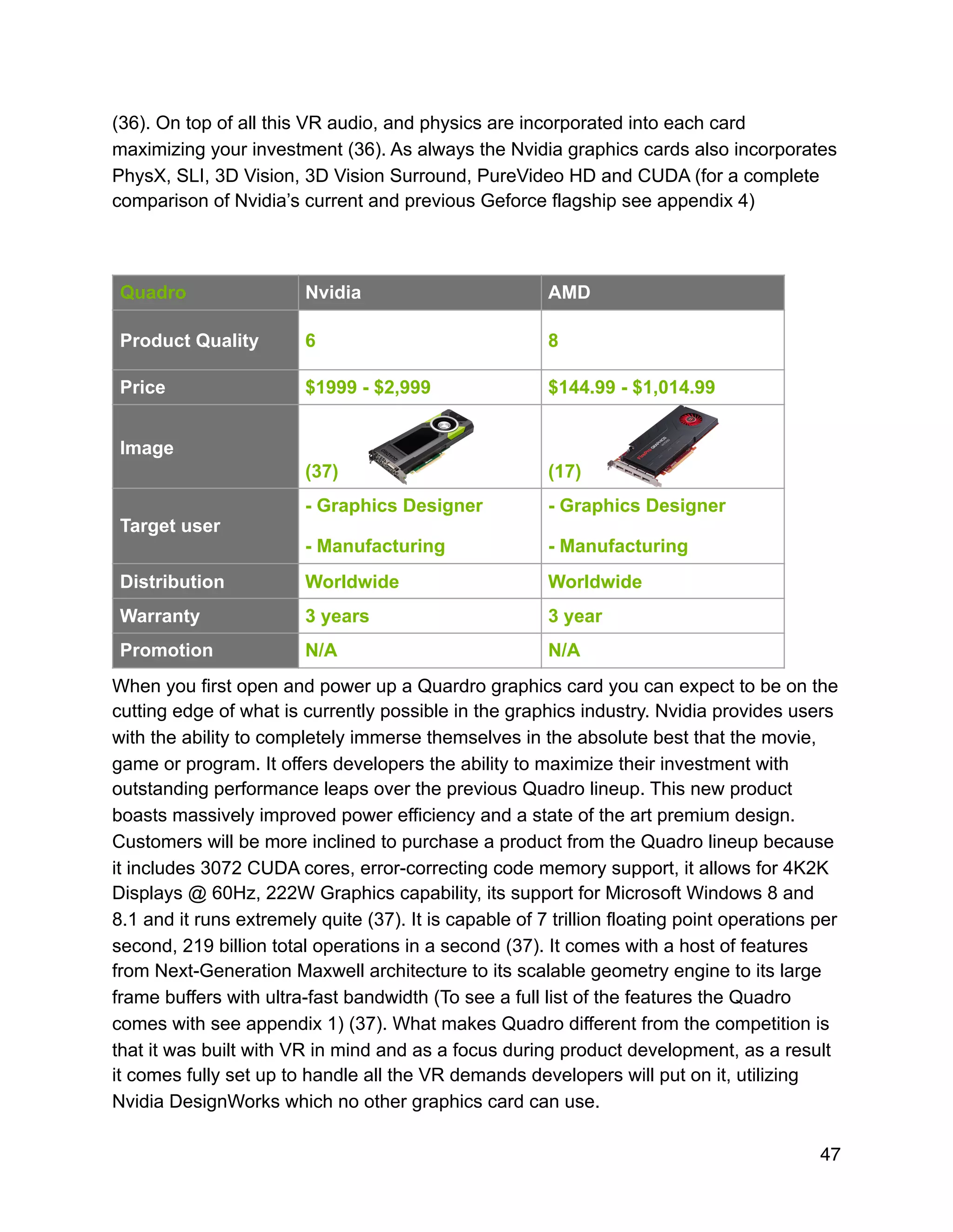 (36). On top of all this VR audio, and physics are incorporated into each card
maximizing your investment (36). As always the Nvidia graphics cards also incorporates
PhysX, SLI, 3D Vision, 3D Vision Surround, PureVideo HD and CUDA (for a complete
comparison of Nvidia’s current and previous Geforce flagship see appendix 4)
When you first open and power up a Quardro graphics card you can expect to be on the
cutting edge of what is currently possible in the graphics industry. Nvidia provides users
with the ability to completely immerse themselves in the absolute best that the movie,
game or program. It offers developers the ability to maximize their investment with
outstanding performance leaps over the previous Quadro lineup. This new product
boasts massively improved power efficiency and a state of the art premium design.
Customers will be more inclined to purchase a product from the Quadro lineup because
it includes 3072 CUDA cores, error-correcting code memory support, it allows for 4K2K
Displays @ 60Hz, 222W Graphics capability, its support for Microsoft Windows 8 and
8.1 and it runs extremely quite (37). It is capable of 7 trillion floating point operations per
second, 219 billion total operations in a second (37). It comes with a host of features
from Next-Generation Maxwell architecture to its scalable geometry engine to its large
frame buffers with ultra-fast bandwidth (To see a full list of the features the Quadro
comes with see appendix 1) (37). What makes Quadro different from the competition is
that it was built with VR in mind and as a focus during product development, as a result
it comes fully set up to handle all the VR demands developers will put on it, utilizing
Nvidia DesignWorks which no other graphics card can use.
Quadro Nvidia AMD
Product Quality 6 8
Price $1999 - $2,999 $144.99 - $1,014.99
Image
(37) (17)
Target user
- Graphics Designer
- Manufacturing
- Graphics Designer
- Manufacturing
Distribution Worldwide Worldwide
Warranty 3 years 3 year
Promotion N/A N/A
47
 