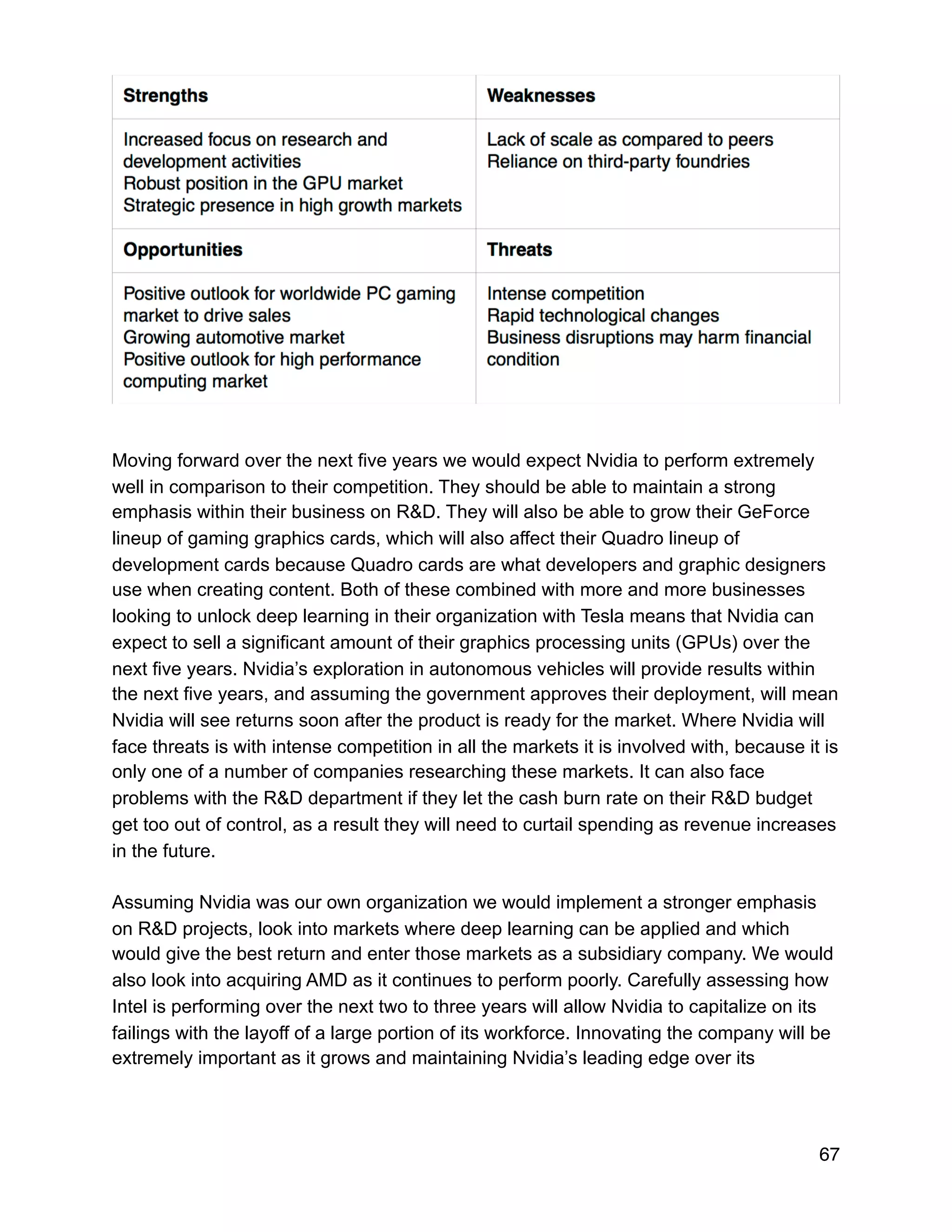 Moving forward over the next five years we would expect Nvidia to perform extremely
well in comparison to their competition. They should be able to maintain a strong
emphasis within their business on R&D. They will also be able to grow their GeForce
lineup of gaming graphics cards, which will also affect their Quadro lineup of
development cards because Quadro cards are what developers and graphic designers
use when creating content. Both of these combined with more and more businesses
looking to unlock deep learning in their organization with Tesla means that Nvidia can
expect to sell a significant amount of their graphics processing units (GPUs) over the
next five years. Nvidia’s exploration in autonomous vehicles will provide results within
the next five years, and assuming the government approves their deployment, will mean
Nvidia will see returns soon after the product is ready for the market. Where Nvidia will
face threats is with intense competition in all the markets it is involved with, because it is
only one of a number of companies researching these markets. It can also face
problems with the R&D department if they let the cash burn rate on their R&D budget
get too out of control, as a result they will need to curtail spending as revenue increases
in the future.
Assuming Nvidia was our own organization we would implement a stronger emphasis
on R&D projects, look into markets where deep learning can be applied and which
would give the best return and enter those markets as a subsidiary company. We would
also look into acquiring AMD as it continues to perform poorly. Carefully assessing how
Intel is performing over the next two to three years will allow Nvidia to capitalize on its
failings with the layoff of a large portion of its workforce. Innovating the company will be
extremely important as it grows and maintaining Nvidia’s leading edge over its
67
 