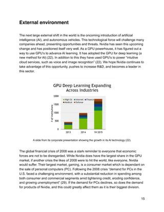 External environment 
The next large external shift in the world is the oncoming introduction of artificial
intelligence (AI), and autonomous vehicles. This technological force will challenge many
companies ahead, presenting opportunities and threats. Nvidia has seen this upcoming
change and has positioned itself very well. As a GPU powerhouse, it has figured out a
way to use GPU’s to advance AI learning. It has adopted the GPU for deep learning (a
new method for AI) (22). In addition to this they have used GPU’s to power “intuitive
cloud services, such as voice and image recognition” (22). We hope Nvidia continues to
take advantage of this opportunity, pushes to increase R&D, and becomes a leader in
this sector.
!
A slide from its corporate presentation showing the growth in its AI technology (22).
The global financial crisis of 2008 was a stark reminder to everyone that economic
forces are not to be disregarded. While Nvidia does have the largest share in the GPU
market, if another crisis the likes of 2008 were to hit the world, like everyone, Nvidia
would suffer. Their largest market, gaming, is a consumer market which is dependant on
the sale of personal computers (PC). Following the 2008 crisis “demand for PCs in the
U.S. faced a challenging environment, with a substantial reduction in spending among
both consumer and commercial segments amid tightening credit, eroding confidence,
and growing unemployment” (29). If the demand for PCs declines, so does the demand
for products of Nvidia, and this could greatly affect them as it is their biggest division.
15
 