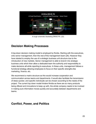 !
A rough schematic illustrating DRIVE PX. (22)
Decision Making Processes
A top-down decision making model is employed by Nvidia. Starting with the executives,
onto senior management, then the rest of the management team (26). However they
have started to employ the use of a strategic business unit structure due to the
introduction of new markets. Senior management is able to branch into strategic
business units which then allow a dedicated team the authority and responsibility to
make decisions all while reporting to executives. In these units, management follows a
functional strategy allowing employees to focus on their specific strengths like
marketing, finance, etc.
We recommend a matrix structure as this would increase cooperation and
communication across teams and departments. It would also facilitate the transmission
of ideas quicker, and specific individuals can be chosen according to the needs of the
project. The current top down model hinders Nvidia as there are so many products
being offered and innovations to keep up with, the whole company needs to be involved
in making sure information moves quickly and accurately between departments and
teams.
Conﬂict, Power, and Politics
23
 