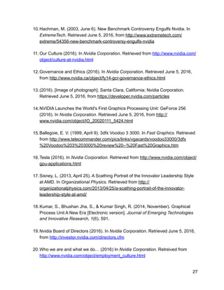 10.Hachman, M. (2003, June 6). New Benchmark Controversy Engulfs Nvidia. In
ExtremeTech. Retrieved June 5, 2016, from http://www.extremetech.com/
extreme/54356-new-benchmark-controversy-engulfs-nvidia
11. Our Culture (2016). In Nvidia Corporation. Retrieved from http://www.nvidia.com/
object/culture-at-nvidia.html
12.Governance and Ethics (2016). In Nvidia Corporation. Retrieved June 5, 2016,
from http://www.nvidia.ca/object/fy14-gcr-governance-ethics.html
13.(2016). [Image of photograph]. Santa Clara, California; Nvidia Corporation.
Retrieved June 5, 2016, from https://developer.nvidia.com/particles
14.NVIDIA Launches the World's First Graphics Processing Unit: GeForce 256
(2016). In Nvidia Corporation. Retrieved June 5, 2016, from http://
www.nvidia.com/object/IO_20020111_5424.html
15.Ballegoie, E. V. (1999, April 9). 3dfx Voodoo 3 3000. In Fast Graphics. Retrieved
from http://www.telecommander.com/pics/links/vgacards/voodoo33000/3dfx
%20Voodoo%203%203000%20review%20--%20Fast%20Graphics.htm
16.Tesla (2016). In Nvidia Corporation. Retrieved from http://www.nvidia.com/object/
gpu-applications.html
17.Sisney, L. (2013, April 25). A Scathing Portrait of the Innovator Leadership Style
at AMD. In Organizational Physics. Retrieved from http://
organizationalphysics.com/2013/04/25/a-scathing-portrait-of-the-innovator-
leadership-style-at-amd/
18.Kumar, S., Bhushan Jha, S., & Kumar Singh, R. (2014, November). Graphical
Process Unit A New Era [Electronic version]. Journal of Emerging Technologies
and Innovative Research, 1(6), 591.
19.Nvidia Board of Directors (2016). In Nvidia Corporation. Retrieved June 5, 2016,
from http://investor.nvidia.com/directors.cfm
20.Who we are and what we do… (2016) In Nvidia Corporation. Retreived from
http://www.nvidia.com/object/employment_culture.html
27
 