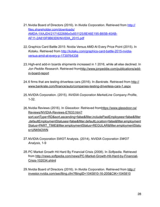21.Nvidia Board of Directors (2016). In Nvidia Corporation. Retrieved from http://
files.shareholder.com/downloads/
AMDA-1XAJD4/2171622686x0x851125/8E46E195-B65B-40AB-
AF11-2A810F9B63D6/NVIDIA_2015.pdf
22.Graphics Card Battle 2015: Nvidia Versus AMD At Every Price Point (2015). In
Kotaku. Retrieved from http://kotaku.com/graphics-card-battle-2015-nvidia-
versus-amd-at-every-p-1739764338
23.High-end add-in boards shipments increased in 1 2016, while all else declined. In
Jon Peddie Research. Retrieved fromhttp://www.jonpeddie.com/publications/add-
in-board-report
24.6 firms that are testing driverless cars (2016). In Bankrate. Retrieved from http://
www.bankrate.com/finance/auto/companies-testing-driverless-cars-1.aspx
25.NVIDIA Corporation. (2015). NVIDIA Corporation MarketLine Company Profile,
1-32.
26.Nvidia Reviews (2016). In Glassdoor. Retrieved fromhttps://www.glassdoor.ca/
Reviews/NVIDIA-Reviews-E7633.htm?
sort.sortType=RD&sort.ascending=false&filter.includePastEmployees=false&filter
.defaultEmploymentStatuses=false&filter.defaultLocation=false&filter.employment
Status=PART_TIME&filter.employmentStatus=REGULAR&filter.employmentStatu
s=UNKNOWN
27.NVIDIA Corporation SWOT Analysis. (2014). NVIDIA Corporation SWOT
Analysis, 1-9
28.PC Market Growth Hit Hard By Financial Crisis (2008). In Softpedia. Retrieved
from http://news.softpedia.com/news/PC-Market-Growth-Hit-Hard-by-Financial-
Crisis-102034.shtml
29.Nvidia Board of Directors (2016). In Nvidia Corporation. Retrieved from http://
investor.nvidia.com/secfiling.cfm?filingID=1045810-16-205&CIK=1045810
28
 
