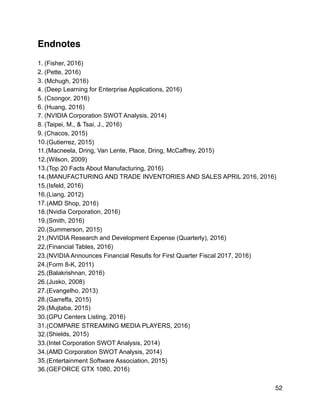 Endnotes
1. (Fisher, 2016)
2. (Pette, 2016)
3. (Mchugh, 2016)
4. (Deep Learning for Enterprise Applications, 2016)
5. (Csongor, 2016)
6. (Huang, 2016)
7. (NVIDIA Corporation SWOT Analysis, 2014)
8. (Taipei, M., & Tsai, J., 2016)
9. (Chacos, 2015)
10.(Gutierrez, 2015)
11.(Macneela, Dring, Van Lente, Place, Dring, McCaffrey, 2015)
12.(Wilson, 2009)
13.(Top 20 Facts About Manufacturing, 2016)
14.(MANUFACTURING AND TRADE INVENTORIES AND SALES APRIL 2016, 2016)
15.(Isfeld, 2016)
16.(Liang, 2012)
17.(AMD Shop, 2016)
18.(Nvidia Corporation, 2016)
19.(Smith, 2016)
20.(Summerson, 2015)
21.(NVIDIA Research and Development Expense (Quarterly), 2016)
22.(Financial Tables, 2016)
23.(NVIDIA Announces Financial Results for First Quarter Fiscal 2017, 2016)
24.(Form 8-K, 2011)
25.(Balakrishnan, 2016)
26.(Jusko, 2008)
27.(Evangelho, 2013)
28.(Garreffa, 2015)
29.(Mujtaba, 2015)
30.(GPU Centers Listing, 2016)
31.(COMPARE STREAMING MEDIA PLAYERS, 2016)
32.(Shields, 2015)
33.(Intel Corporation SWOT Analysis, 2014)
34.(AMD Corporation SWOT Analysis, 2014)
35.(Entertainment Software Association, 2015)
36.(GEFORCE GTX 1080, 2016)
52
 