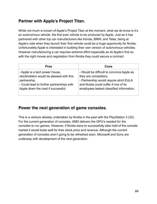 Partner with Apple’s Project Titan.
While not much is known of Apple’s Project Titan at the moment, what we do know is it’s
an autonomous vehicle, the first ever vehicle to be produced by Apple. Just as it has
partnered with other top car manufacturers like Honda, BMW, and Tesla, being at
Apple’s side when they launch their first vehicle could be a huge opportunity for Nvidia.
Unfortunately Apple is interested in building their own version of autonomous vehicles.
However manufacturing a car requires extreme effort especially as its Apple’s first so
with the right moves and negotiation from Nvidia they could secure a contract.
Power the next generation of game consoles.
This is a venture already undertaken by Nvidia in the past with the PlayStation 3 (32).
For the current generation of consoles, AMD delivers the GPU’s needed for the
consoles to run games. However, if Nvidia were to successfully take hold of the console
market it would bode well for their stock price and revenue. Although the current
generation of consoles aren’t going to be refreshed soon, Microsoft and Sony are
underway with development of the next generation.
Pros Cons
- Apple is a tech power house,
stockholders would be pleased with this
partnership.
- Could lead to further partnerships with
Apple down the road if successful.
- Would be difficult to convince Apple as
they are competitors.
- Partnership would require strict EULA
and Nvidia could suffer if one of its
employees leaked classified information.
84
 