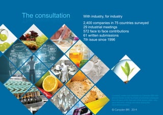 With industry, for industry
2,400 companies in 75 countries surveyed
29 industrial meetings
572 face to face contributions
61 written submissions
7th issue since 1996
The consultation
© Campden BRI 2014
Needs_Cover1_Layout 1 17/12/2014 08:58 Page 4
 